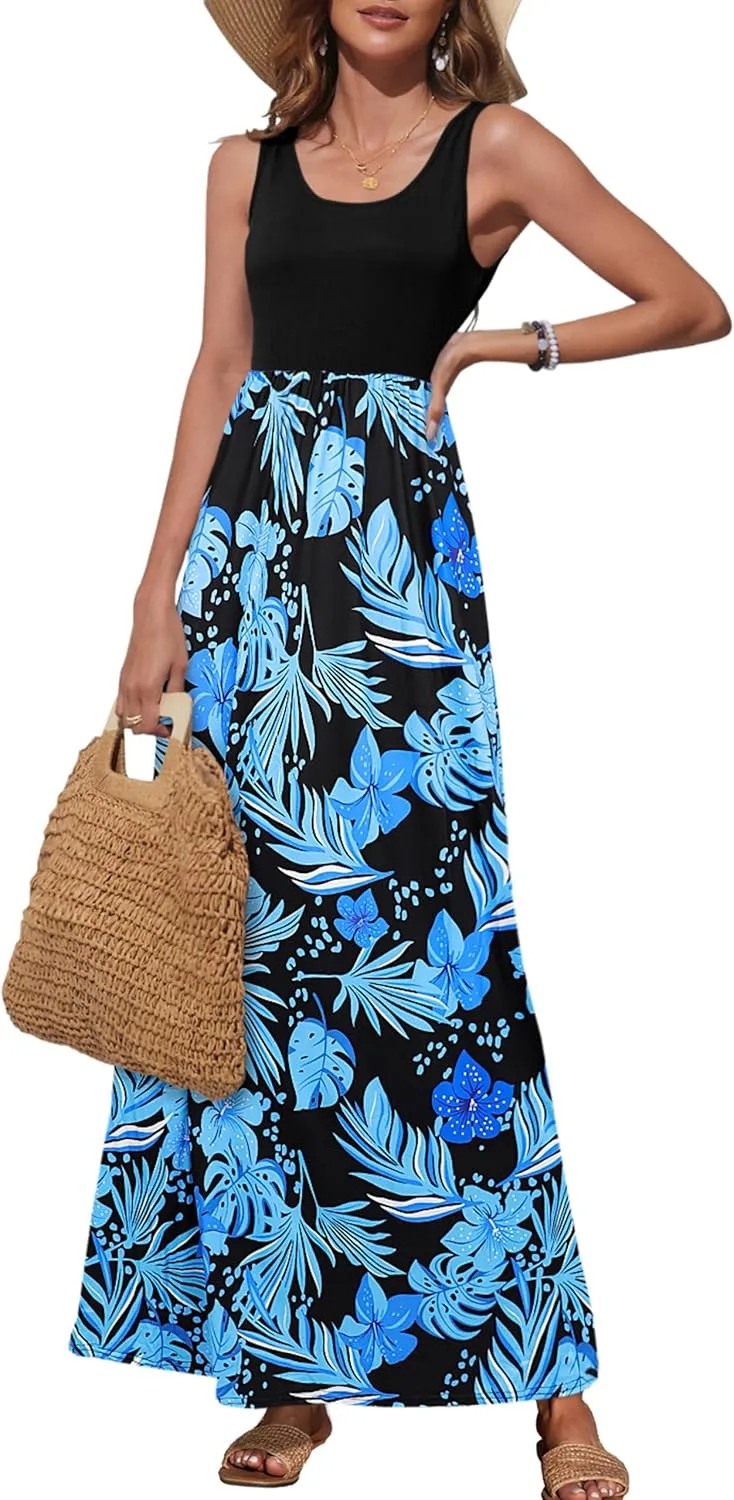 Bluetime Women's Summer Boho Sleeveless Floral Print Tank Long Maxi Dress (S-3XL)