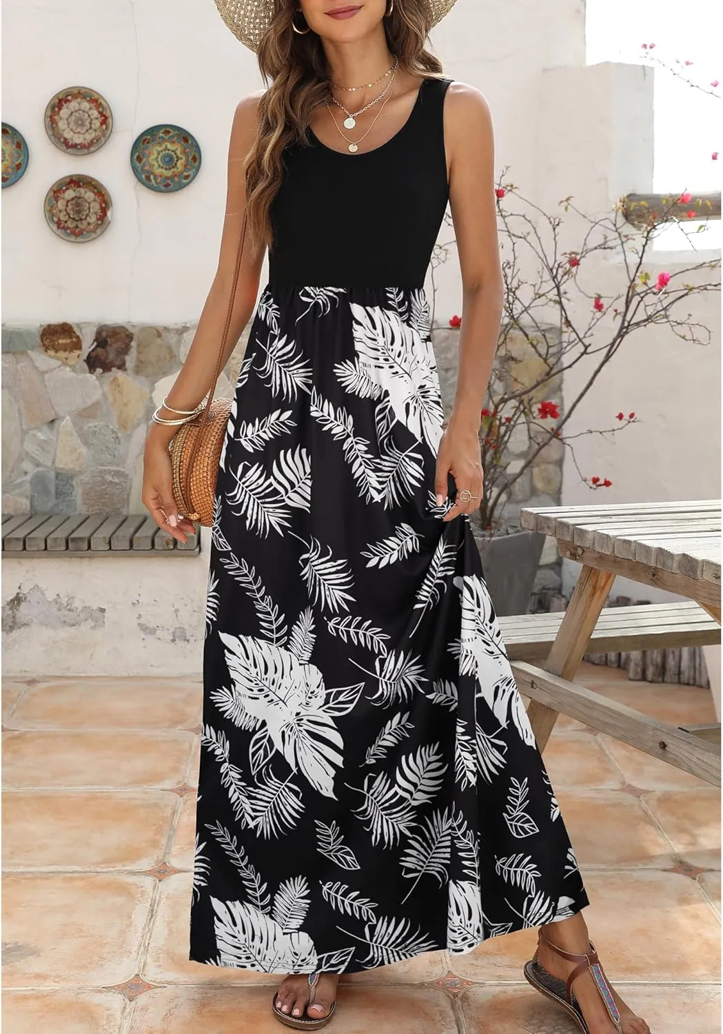 Bluetime Women's Summer Boho Sleeveless Floral Print Tank Long Maxi Dress (S-3XL)