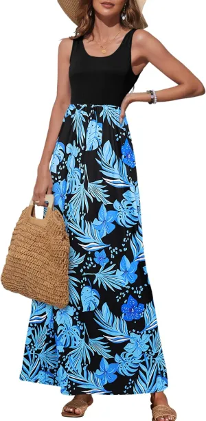 Bluetime Women's Summer Boho Sleeveless Floral Print Tank Long Maxi Dress (S-3XL)