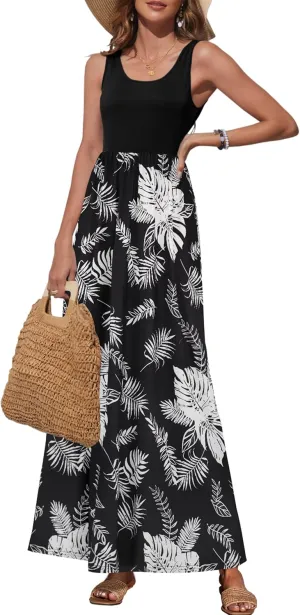 Bluetime Women's Summer Boho Sleeveless Floral Print Tank Long Maxi Dress (S-3XL)