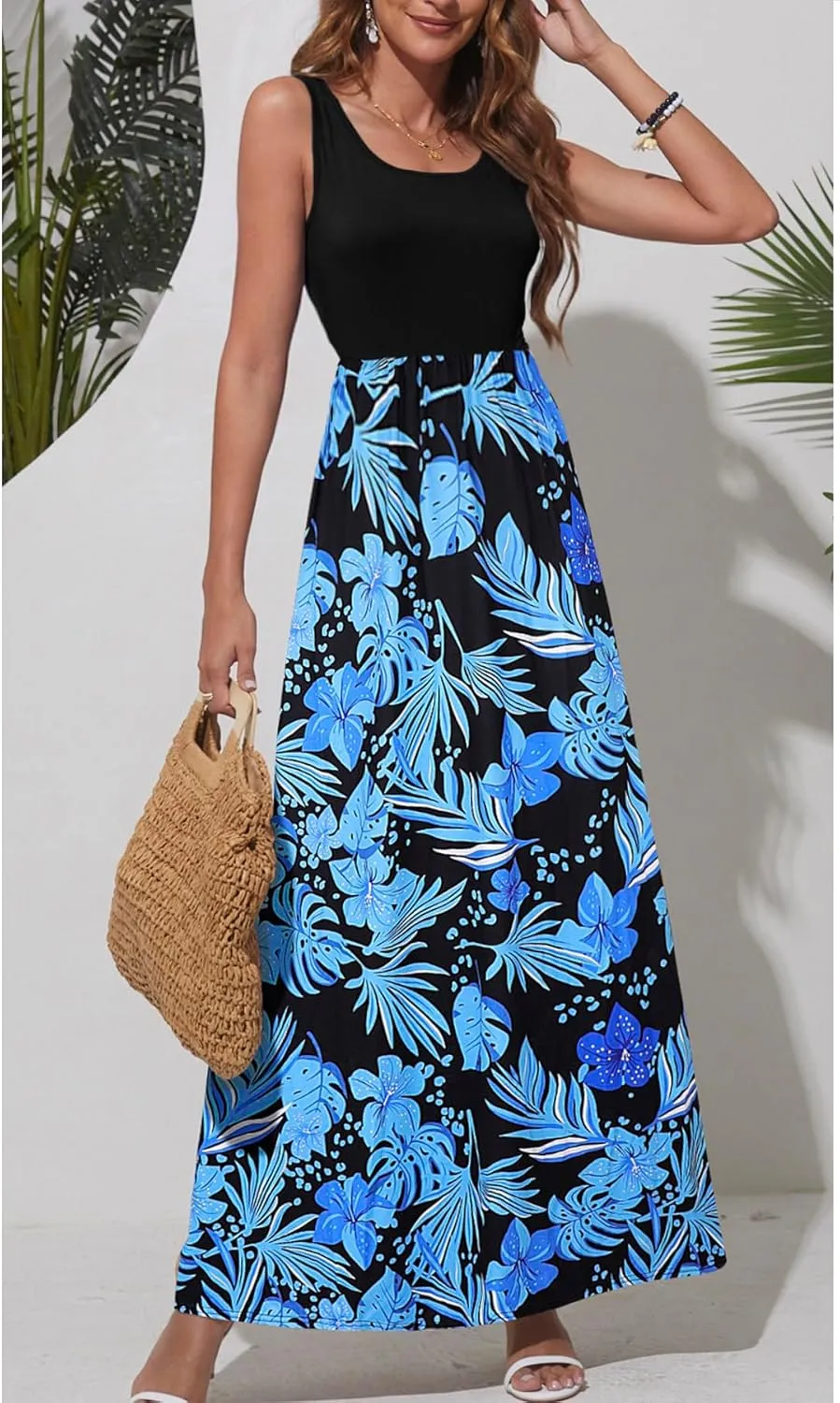 Bluetime Women's Summer Boho Sleeveless Floral Print Tank Long Maxi Dress (S-3XL)