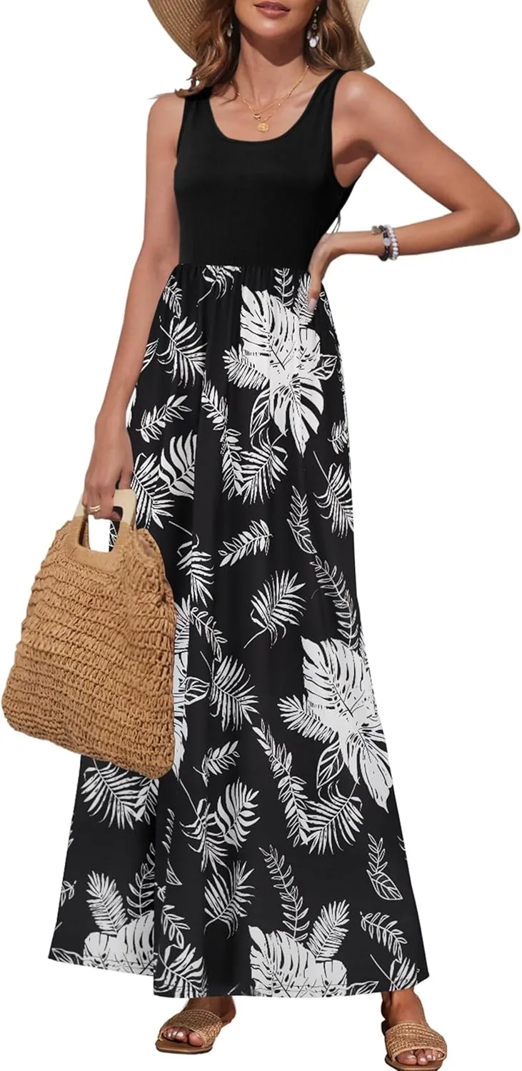 Bluetime Women's Summer Boho Sleeveless Floral Print Tank Long Maxi Dress (S-3XL)