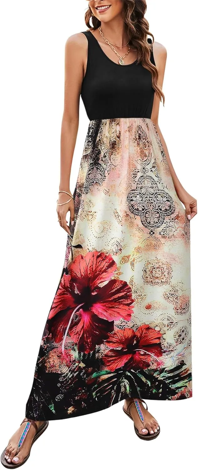 Bluetime Women's Summer Boho Sleeveless Floral Print Tank Long Maxi Dress (S-3XL)