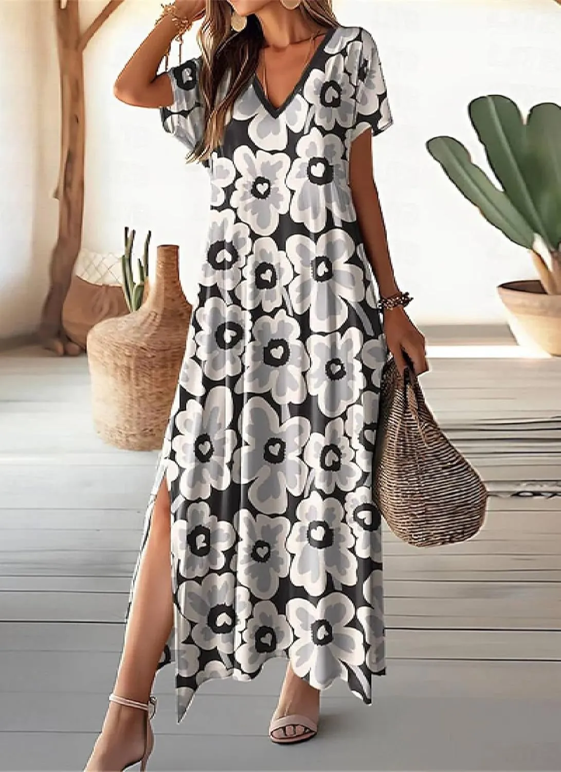 Boho Black White Floral Print Dress for Women Summer Casual V Neck Short Sleeve High Slit Hem Beach Party Maxi Dresses