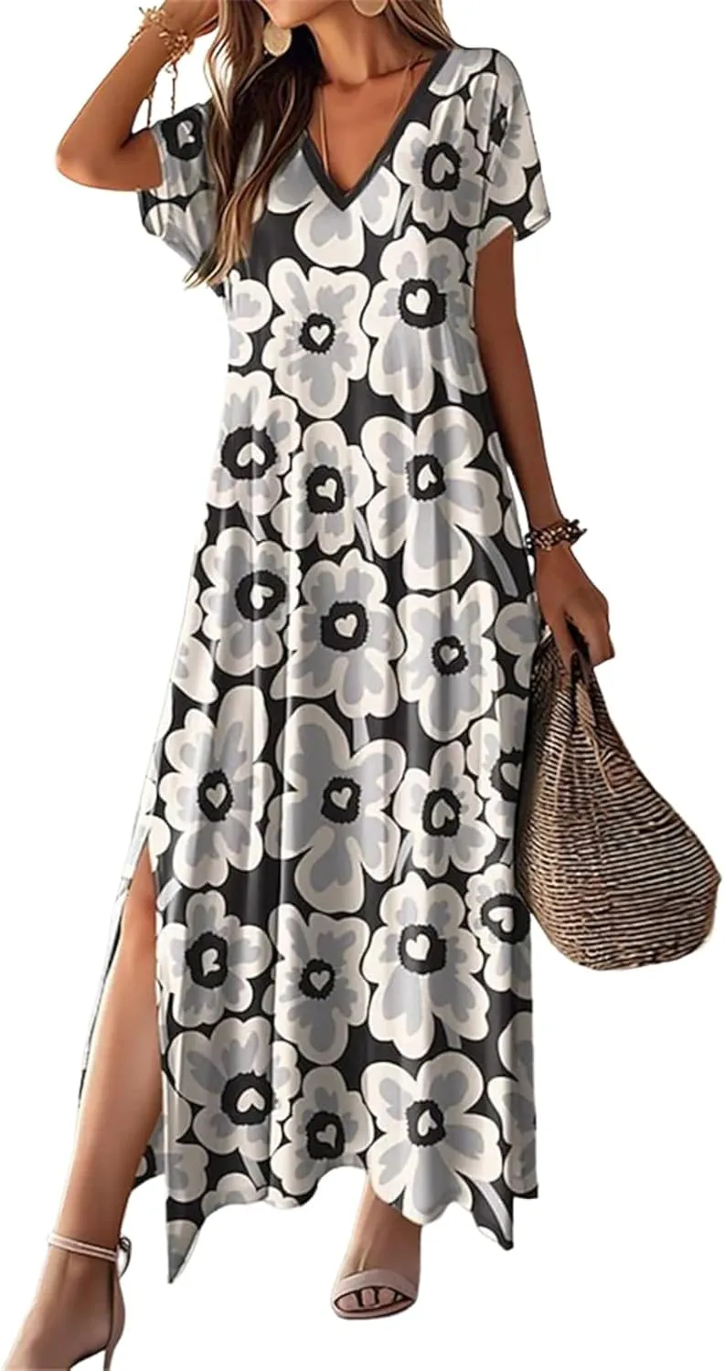 Boho Black White Floral Print Dress for Women Summer Casual V Neck Short Sleeve High Slit Hem Beach Party Maxi Dresses