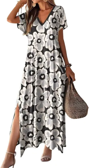 Boho Black White Floral Print Dress for Women Summer Casual V Neck Short Sleeve High Slit Hem Beach Party Maxi Dresses