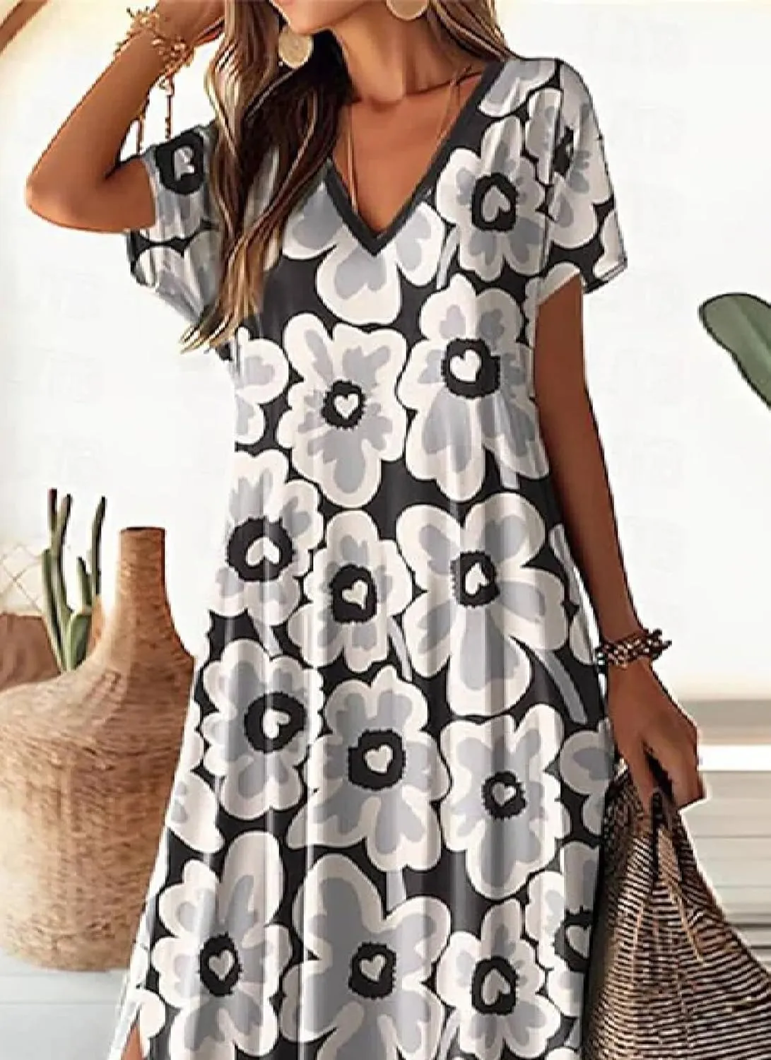 Boho Black White Floral Print Dress for Women Summer Casual V Neck Short Sleeve High Slit Hem Beach Party Maxi Dresses