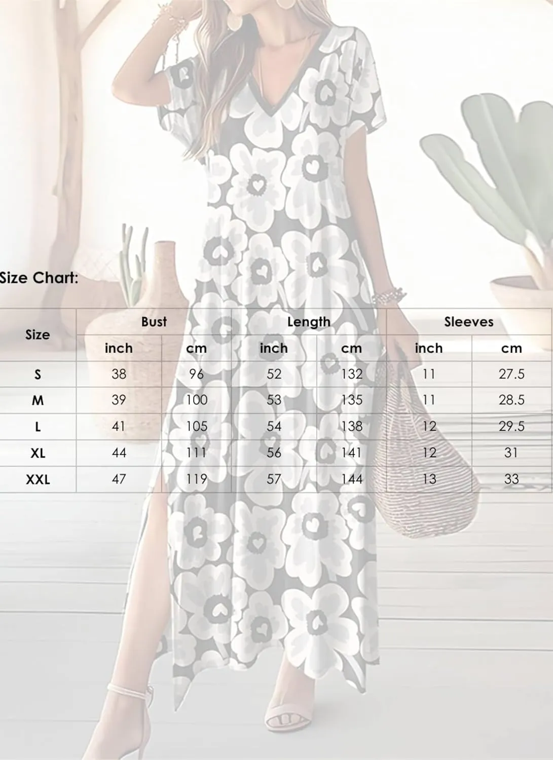 Boho Black White Floral Print Dress for Women Summer Casual V Neck Short Sleeve High Slit Hem Beach Party Maxi Dresses