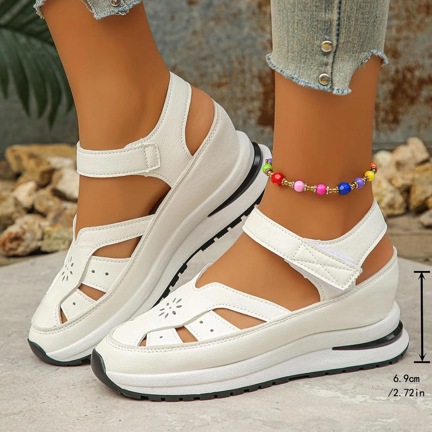 Bootara Women's Plus Size Hollow-Out Platform Sandals, Closed Toe Wedge Sandals Height-Boosting Thick Sole