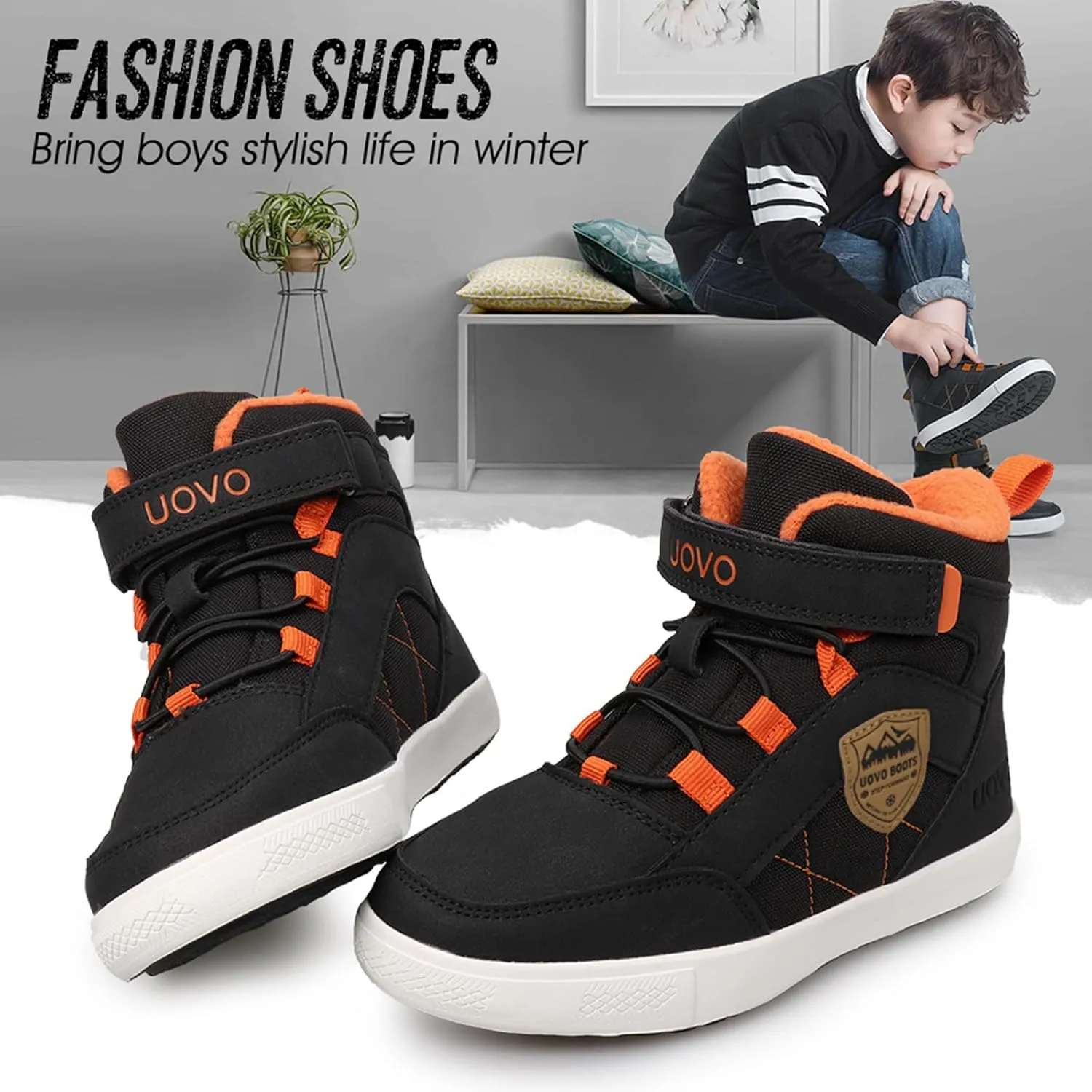 Boys Snow Fashion Boots Winter Waterproof Slip Resistant Fur Lined Outdoor Ankle Walking Sports Shoes (Toddler/Little Kid/Big Kid)