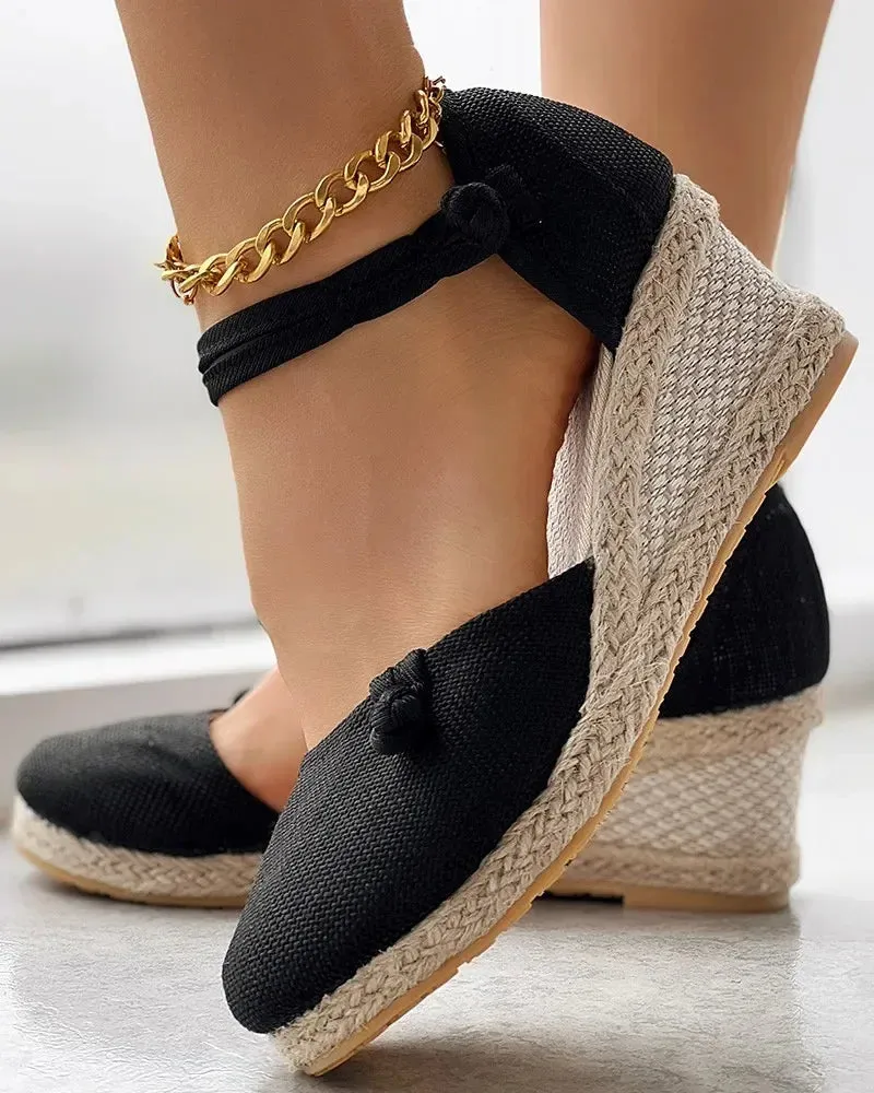 Braided Knot Espadrille Wedge Sandals: Linen Ankle Strap Platform Shoes
