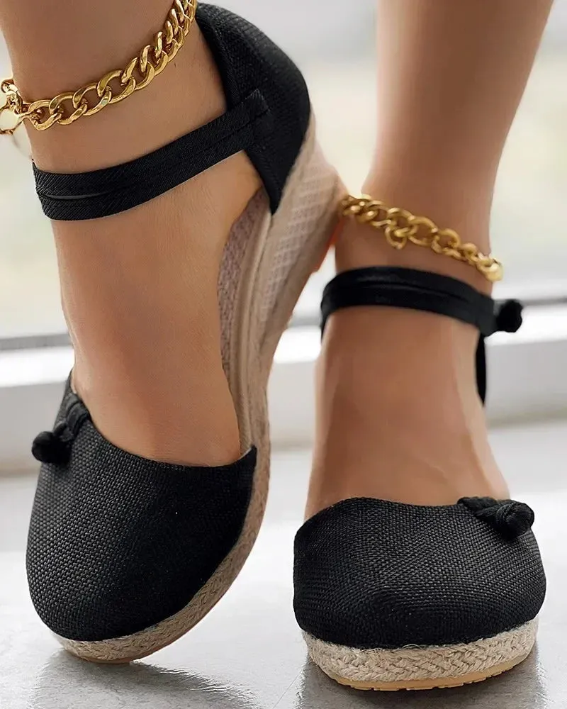 Braided Knot Espadrille Wedge Sandals: Linen Ankle Strap Platform Shoes