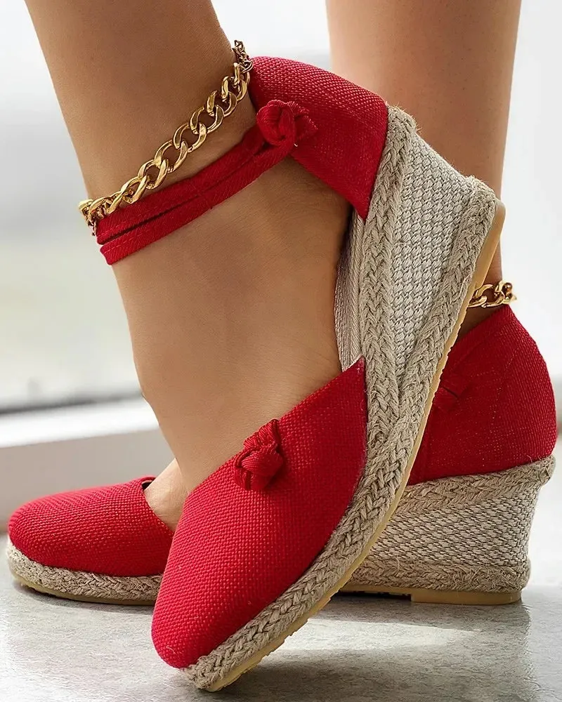 Braided Knot Espadrille Wedge Sandals: Linen Ankle Strap Platform Shoes