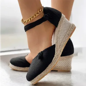 Braided Knot Espadrille Wedge Sandals: Linen Ankle Strap Platform Shoes