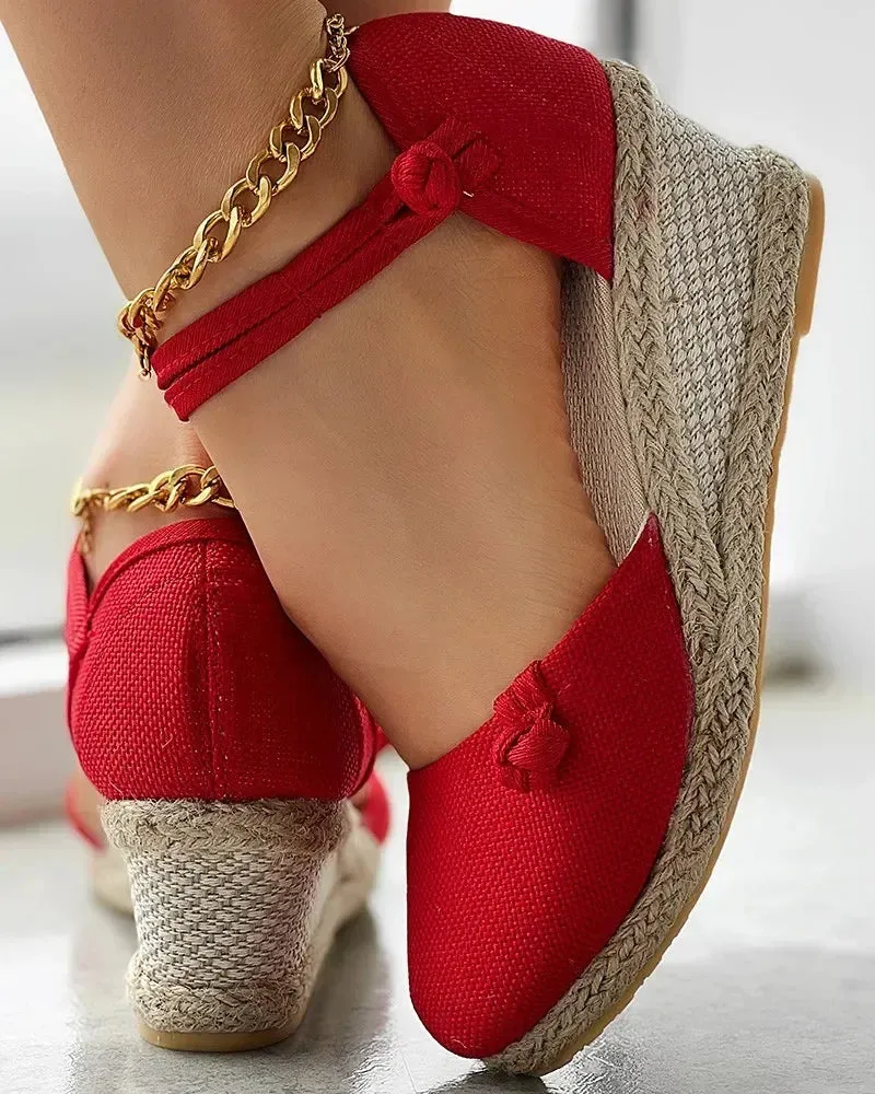 Braided Knot Espadrille Wedge Sandals: Linen Ankle Strap Platform Shoes