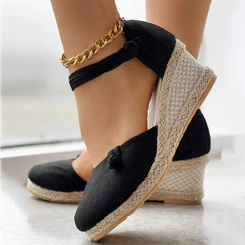 Braided Knot Espadrille Wedge Sandals: Linen Ankle Strap Platform Shoes