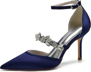 Bride Shoes for Wedding Women's Ankle Strap Silk Pointed-Toe High Heel Shoes Comfortable Mid Heels Pumps Evening Party Shoes 8.5Cm