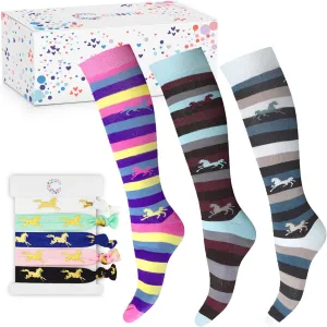 Cantik Horse Riding Socks Gift Set Incl 3 Pairs Knee High Socks For Girls In A Beautiful Gift Box - A Perfect Horse Gift for Girls & Women - Equestrian Cowboy Boot Sock With 5 Hair Ties