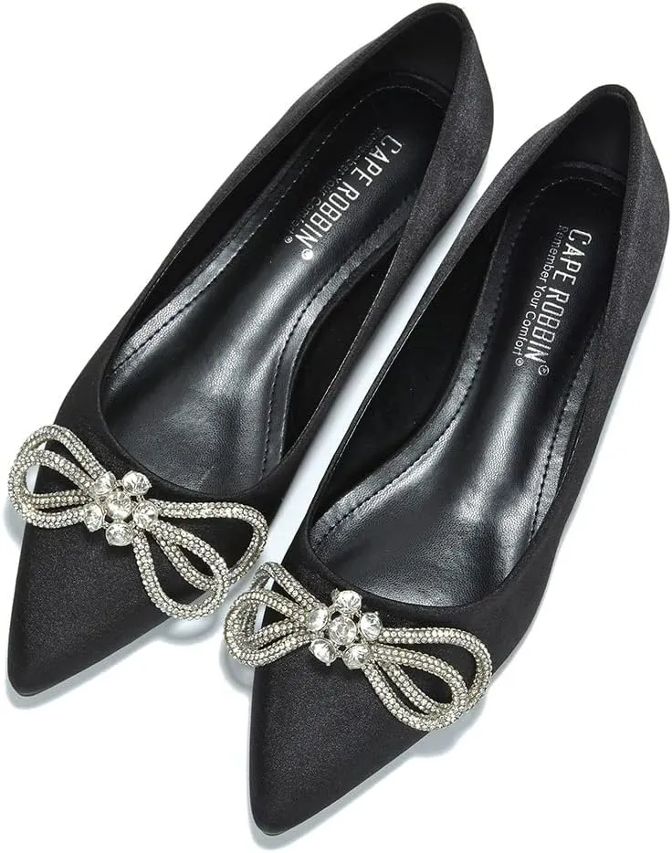 Cape Robbin Stearling Pointed Toe Flats for Women, Women's Flats with Rhinestone Bow
