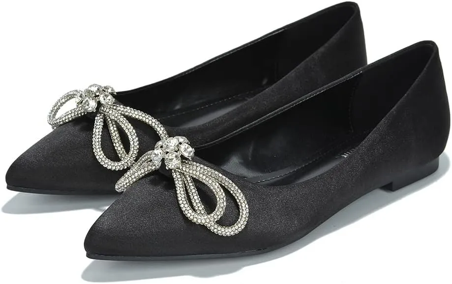 Cape Robbin Stearling Pointed Toe Flats for Women, Women's Flats with Rhinestone Bow