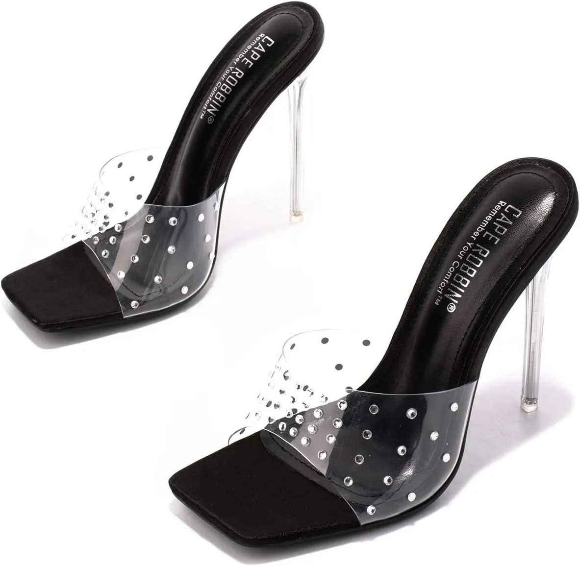 Cape Robbin Women's Stiletto Heel Sandals - Rhinestone-Embellished Clear Slip-On Dress Shoes with Transparent Strap & Open Toe (Brisa)