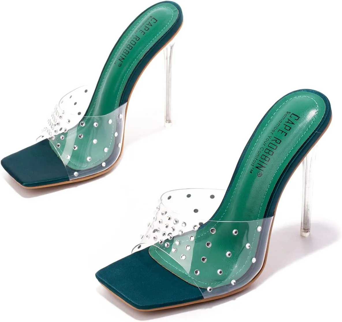 Cape Robbin Women's Stiletto Heel Sandals - Rhinestone-Embellished Clear Slip-On Dress Shoes with Transparent Strap & Open Toe (Brisa)