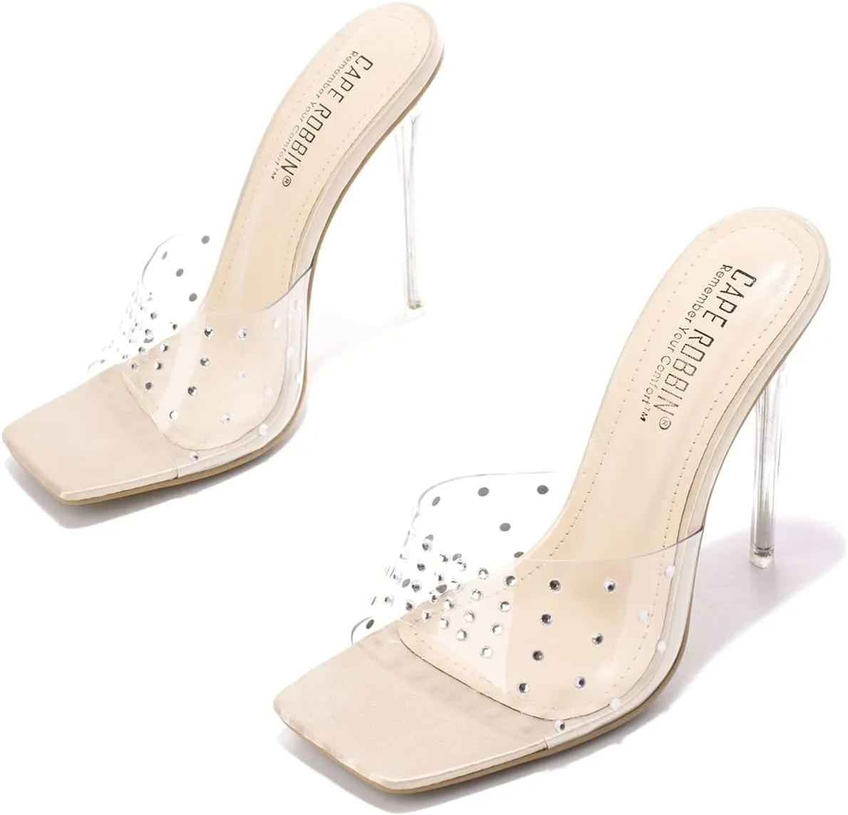 Cape Robbin Women's Stiletto Heel Sandals - Rhinestone-Embellished Clear Slip-On Dress Shoes with Transparent Strap & Open Toe (Brisa)