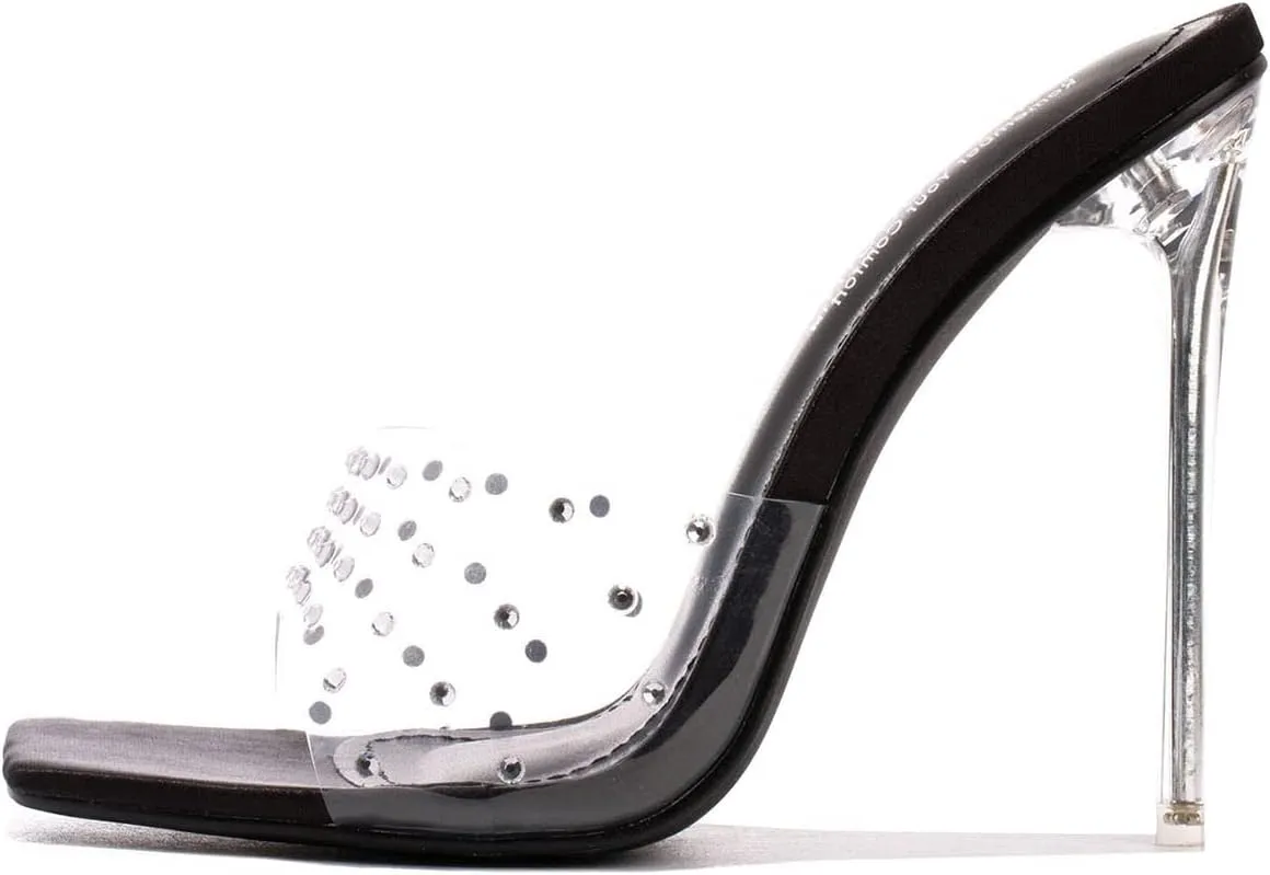 Cape Robbin Women's Stiletto Heel Sandals - Rhinestone-Embellished Clear Slip-On Dress Shoes with Transparent Strap & Open Toe (Brisa)