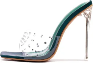 Cape Robbin Women's Stiletto Heel Sandals - Rhinestone-Embellished Clear Slip-On Dress Shoes with Transparent Strap & Open Toe (Brisa)
