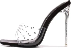 Cape Robbin Women's Stiletto Heel Sandals - Rhinestone-Embellished Clear Slip-On Dress Shoes with Transparent Strap & Open Toe (Brisa)