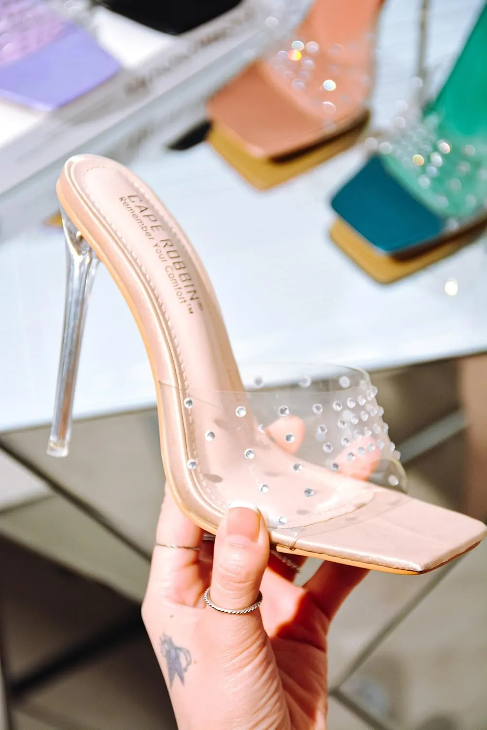 Cape Robbin Women's Stiletto Heel Sandals - Rhinestone-Embellished Clear Slip-On Dress Shoes with Transparent Strap & Open Toe (Brisa)
