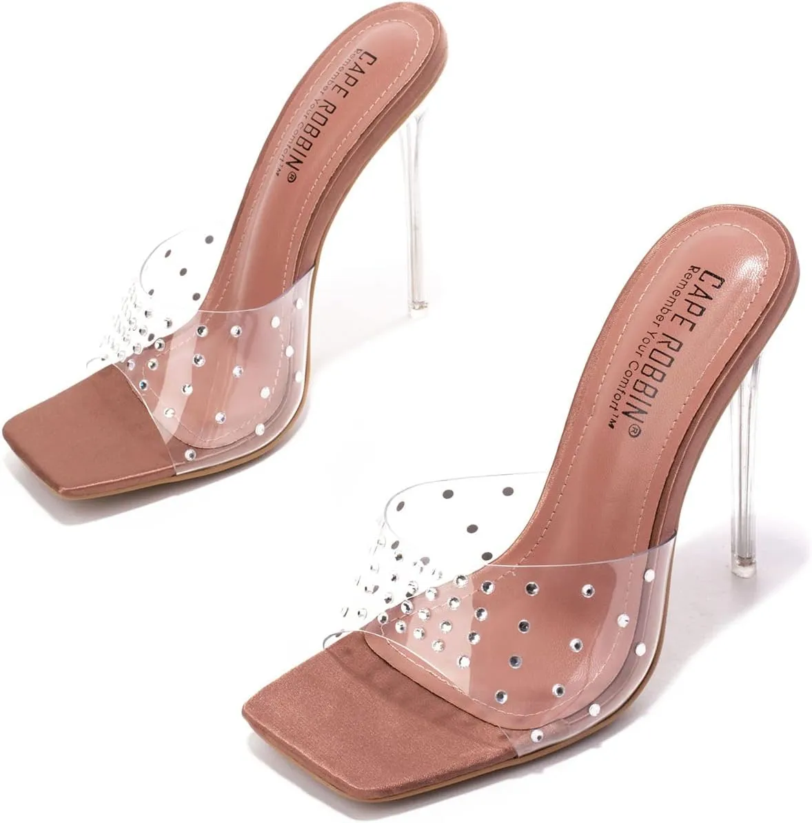 Cape Robbin Women's Stiletto Heel Sandals - Rhinestone-Embellished Clear Slip-On Dress Shoes with Transparent Strap & Open Toe (Brisa)