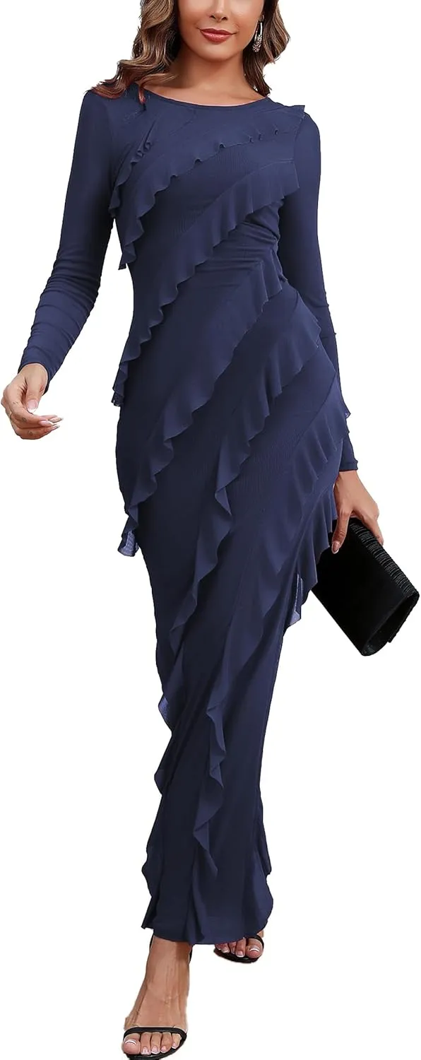 Capuffy Womens Long Sleeves Backless Maxi Dress Mesh Tassel Ruffle Side Split Bodycon Dress Siobhan Evening Party Dress 350