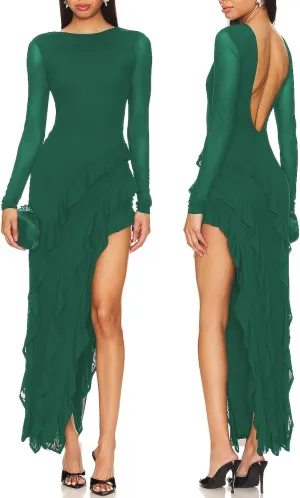 Capuffy Womens Long Sleeves Backless Maxi Dress Mesh Tassel Ruffle Side Split Bodycon Dress Siobhan Evening Party Dress 350