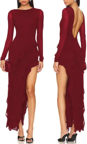 Capuffy Womens Long Sleeves Backless Maxi Dress Mesh Tassel Ruffle Side Split Bodycon Dress Siobhan Evening Party Dress 350