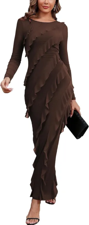 Capuffy Womens Long Sleeves Backless Maxi Dress Mesh Tassel Ruffle Side Split Bodycon Dress Siobhan Evening Party Dress 350