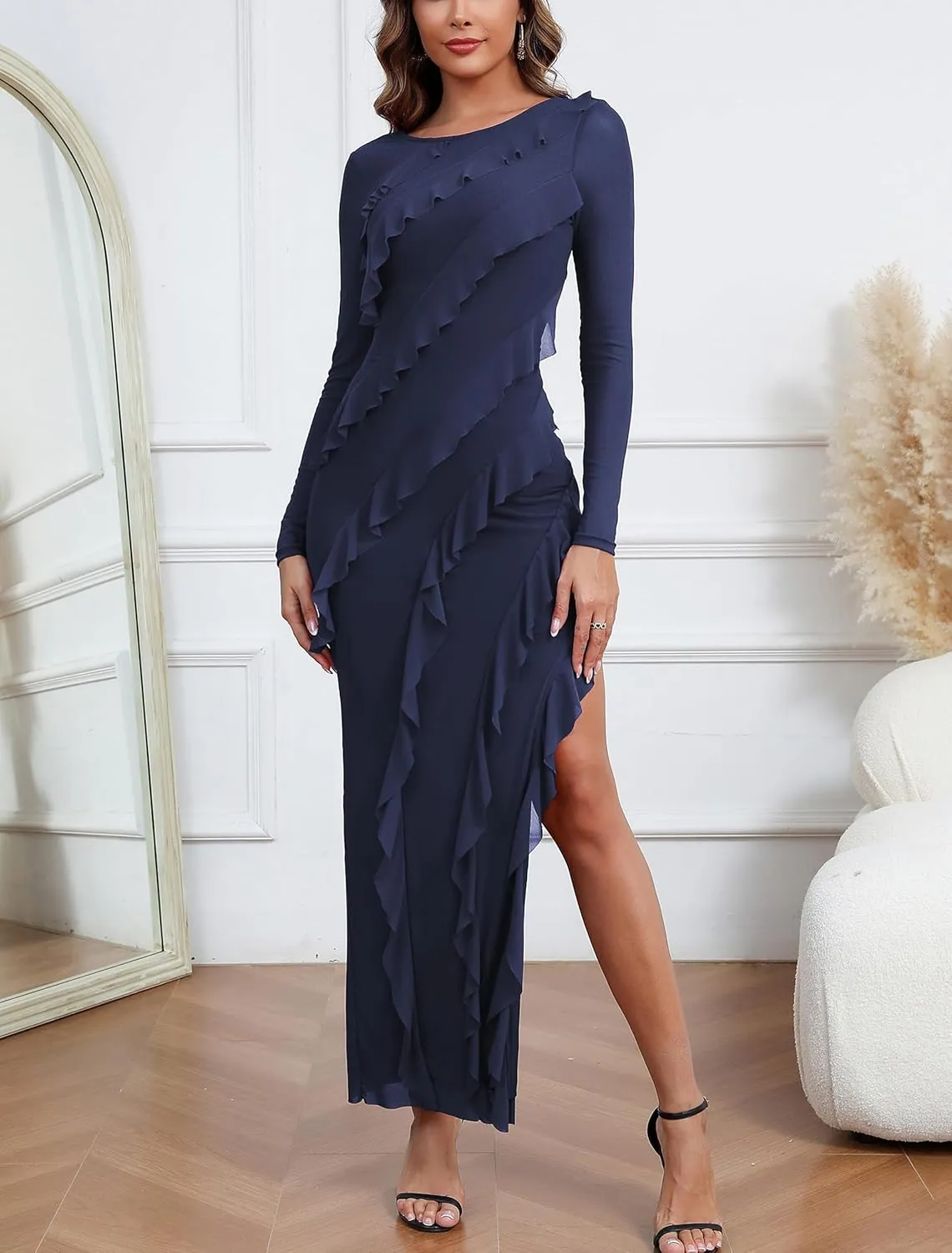 Capuffy Womens Long Sleeves Backless Maxi Dress Mesh Tassel Ruffle Side Split Bodycon Dress Siobhan Evening Party Dress 350