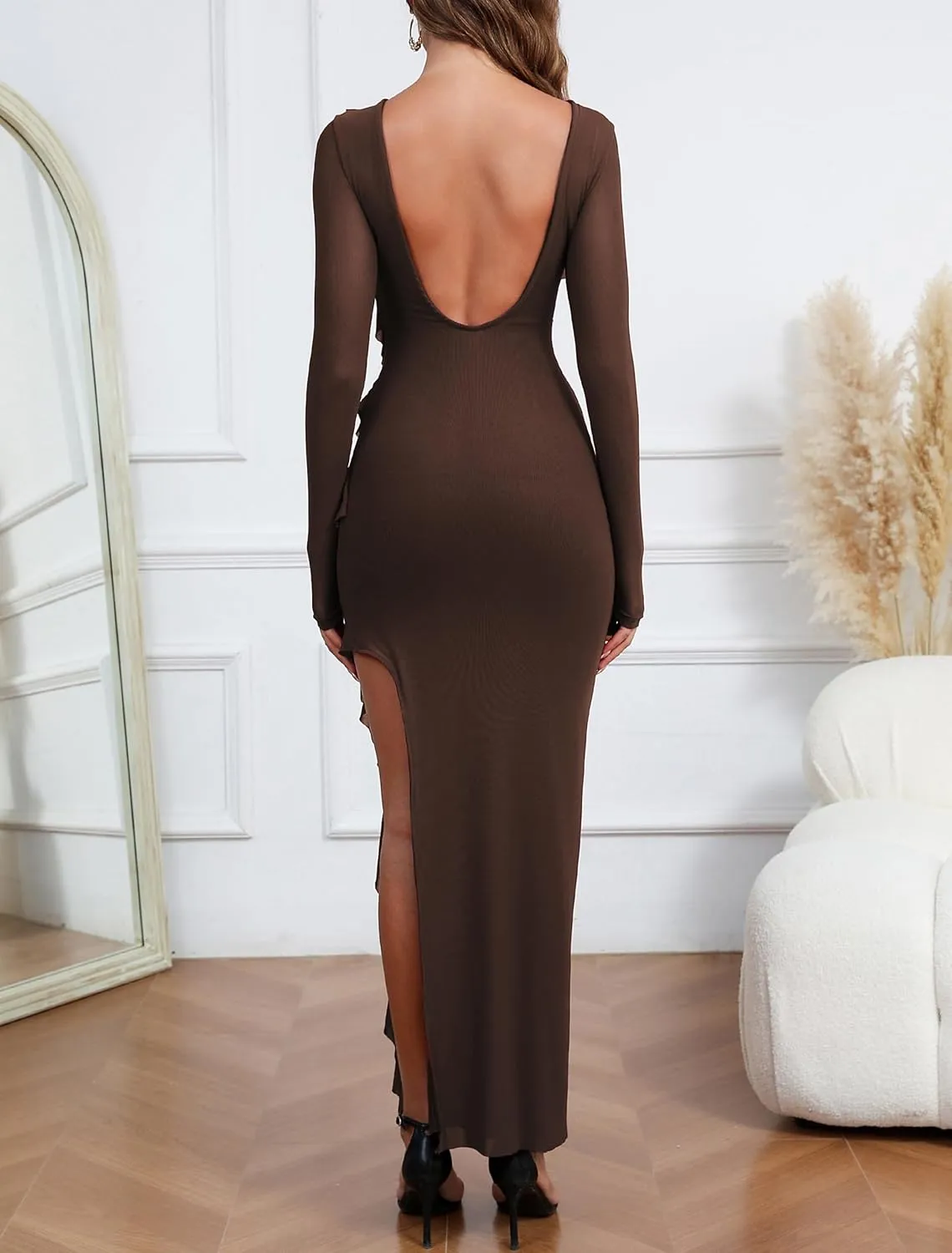 Capuffy Womens Long Sleeves Backless Maxi Dress Mesh Tassel Ruffle Side Split Bodycon Dress Siobhan Evening Party Dress 350