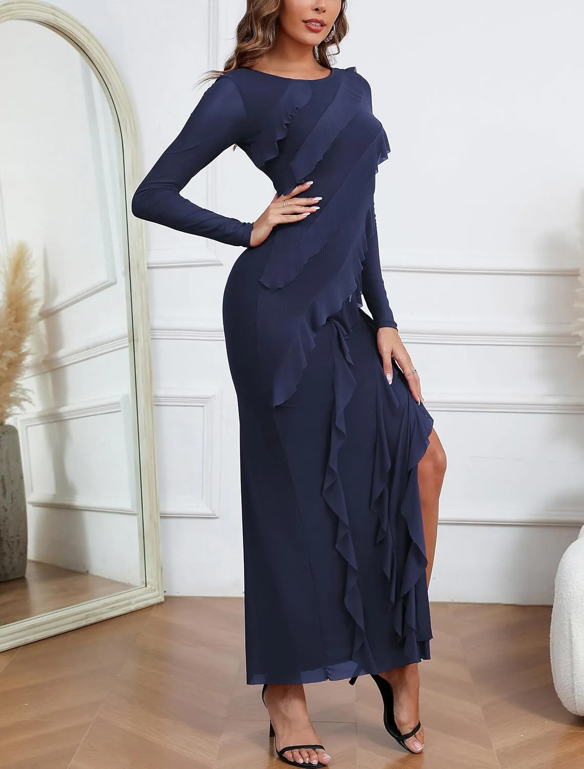 Capuffy Womens Long Sleeves Backless Maxi Dress Mesh Tassel Ruffle Side Split Bodycon Dress Siobhan Evening Party Dress 350