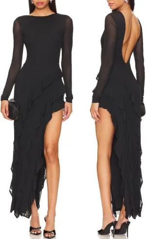 Capuffy Womens Long Sleeves Backless Maxi Dress Mesh Tassel Ruffle Side Split Bodycon Dress Siobhan Evening Party Dress 350