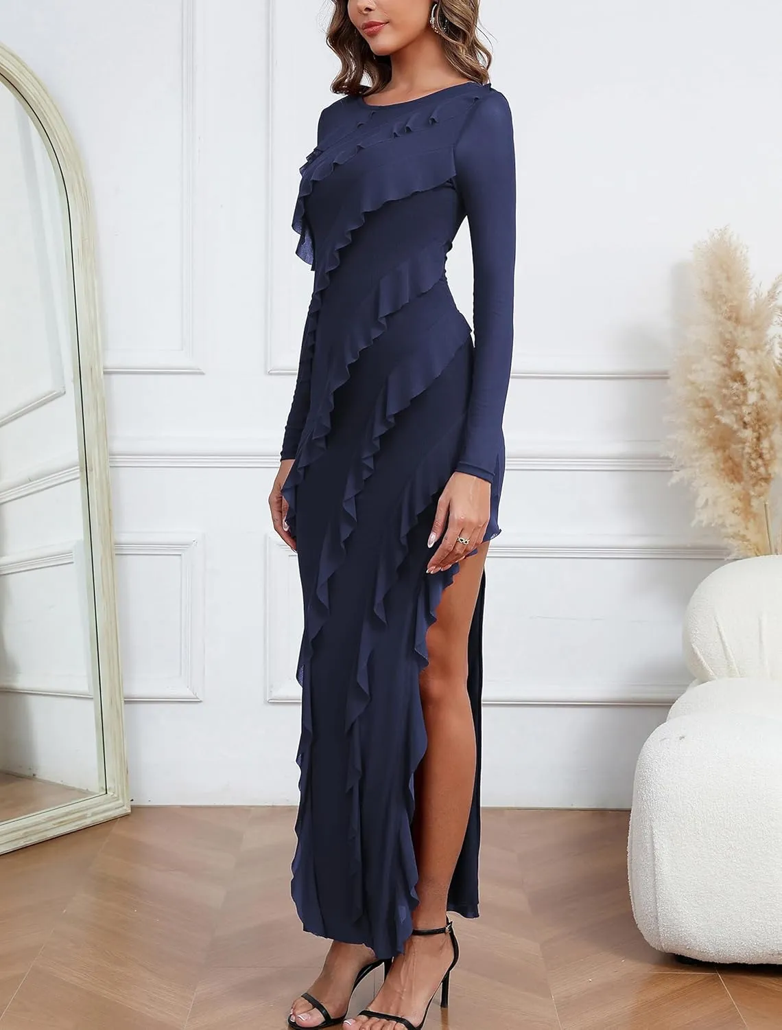 Capuffy Womens Long Sleeves Backless Maxi Dress Mesh Tassel Ruffle Side Split Bodycon Dress Siobhan Evening Party Dress 350