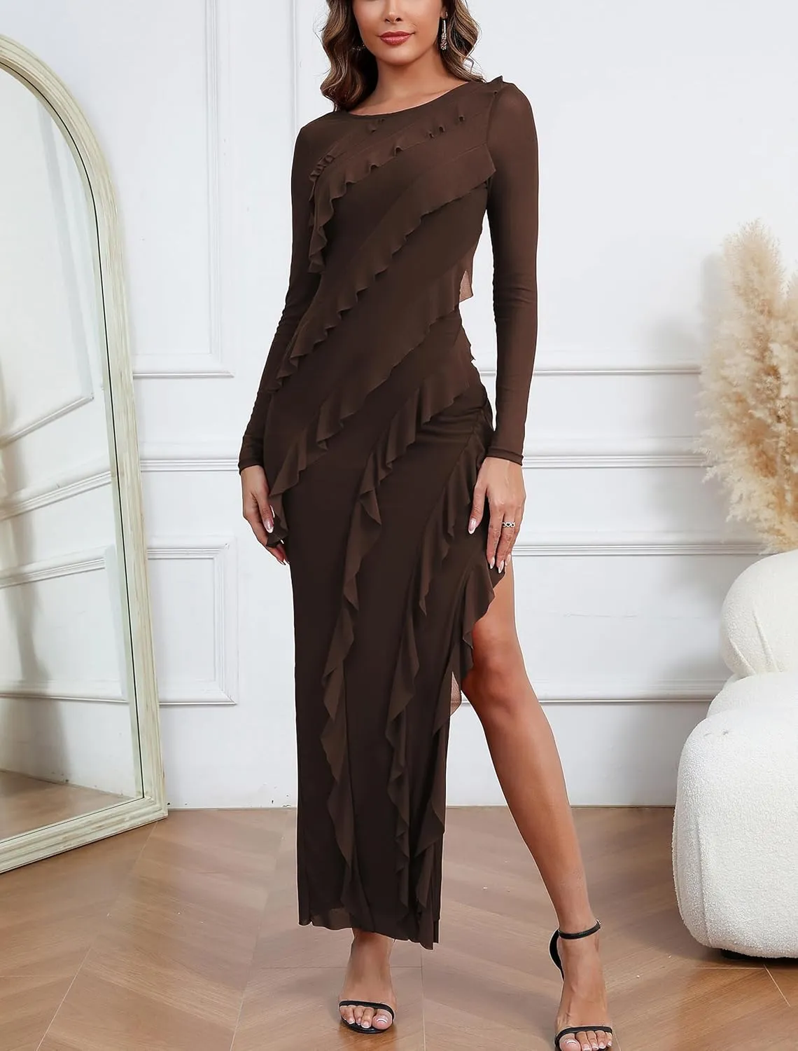 Capuffy Womens Long Sleeves Backless Maxi Dress Mesh Tassel Ruffle Side Split Bodycon Dress Siobhan Evening Party Dress 350