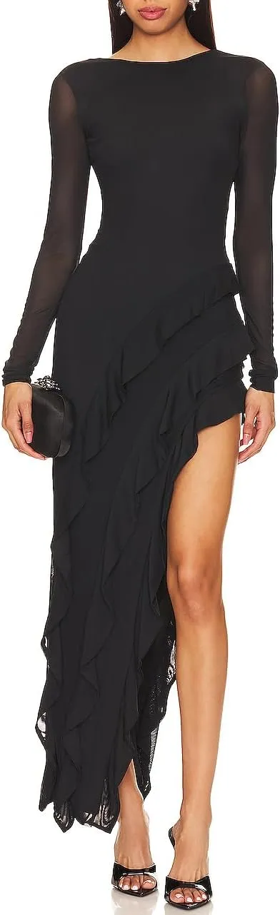 Capuffy Womens Long Sleeves Backless Maxi Dress Mesh Tassel Ruffle Side Split Bodycon Dress Siobhan Evening Party Dress 350