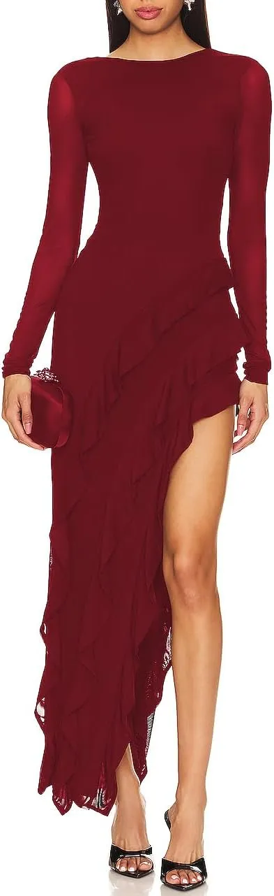 Capuffy Womens Long Sleeves Backless Maxi Dress Mesh Tassel Ruffle Side Split Bodycon Dress Siobhan Evening Party Dress 350
