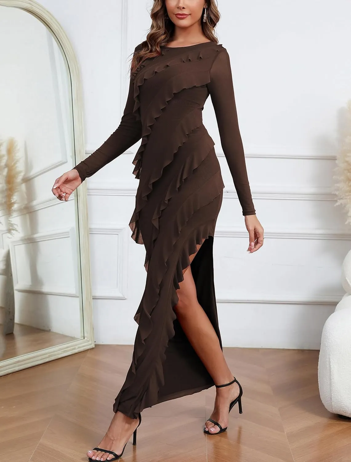 Capuffy Womens Long Sleeves Backless Maxi Dress Mesh Tassel Ruffle Side Split Bodycon Dress Siobhan Evening Party Dress 350