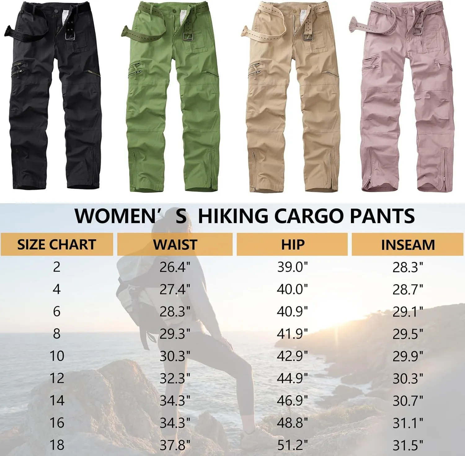 Cargo Hiking Pants for Women Tactical Baggy Pants Women's Casual Y2K with 6 Zipper Pockets No Belt