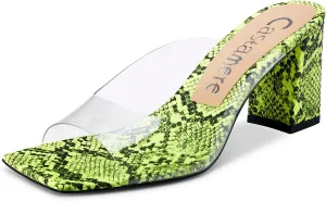 Castamere Ladies Chunky High Heel Sandals Square Open Toe Sexy Transparent Clear Sandal 3 Inch Heels