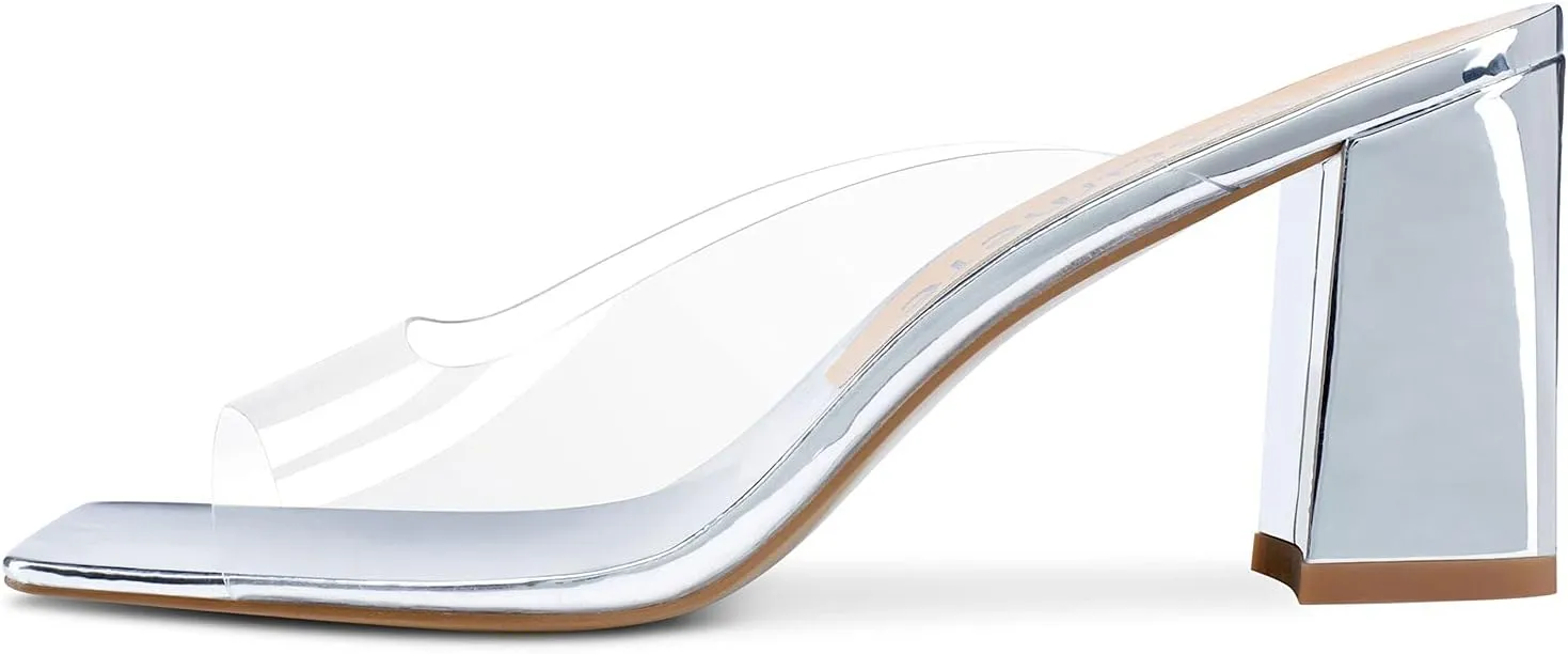 Castamere Ladies Chunky High Heel Sandals Square Open Toe Sexy Transparent Clear Sandal 3 Inch Heels