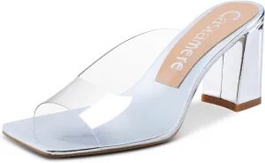 Castamere Ladies Chunky High Heel Sandals Square Open Toe Sexy Transparent Clear Sandal 3 Inch Heels