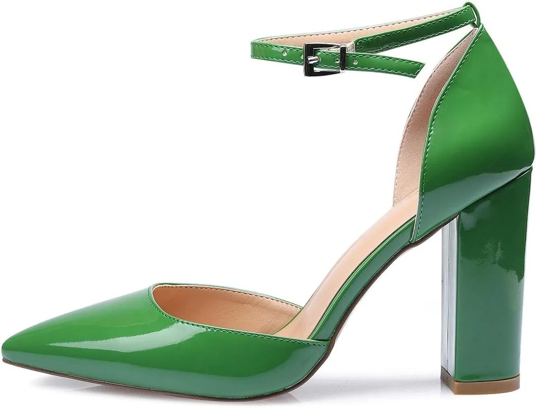 Castamere Womens High Heels Chunky Block Heel Sandals Pointed Toe Ankle Strap Pumps 10CM